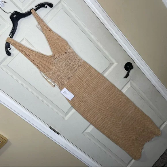 Torn by Ronny Kobo Small "Brown Sand" Beige/Tan Madi Knit Crochet Maxi Dress - Picture 2 of 10